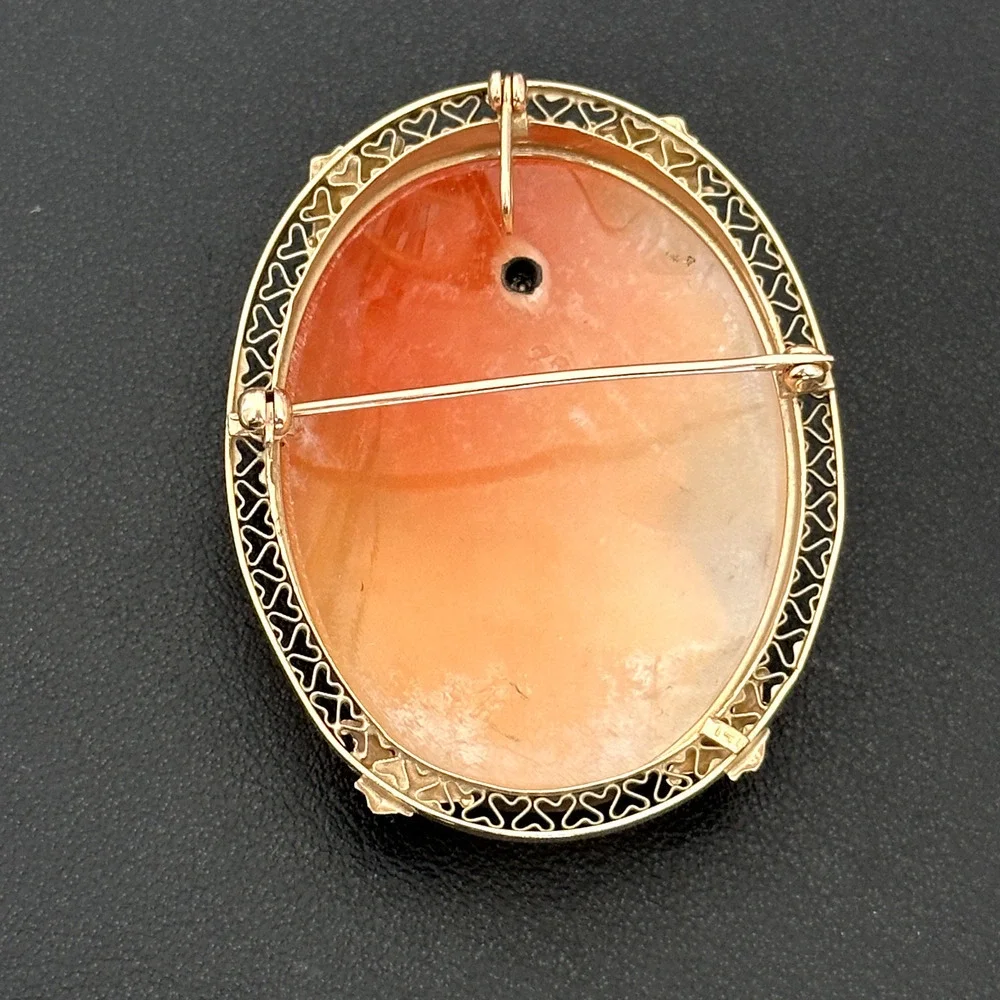 Vintage 14K Yellow Gold Large Hand Carved Shell Cameo Diamond Brooch Pin Pendant